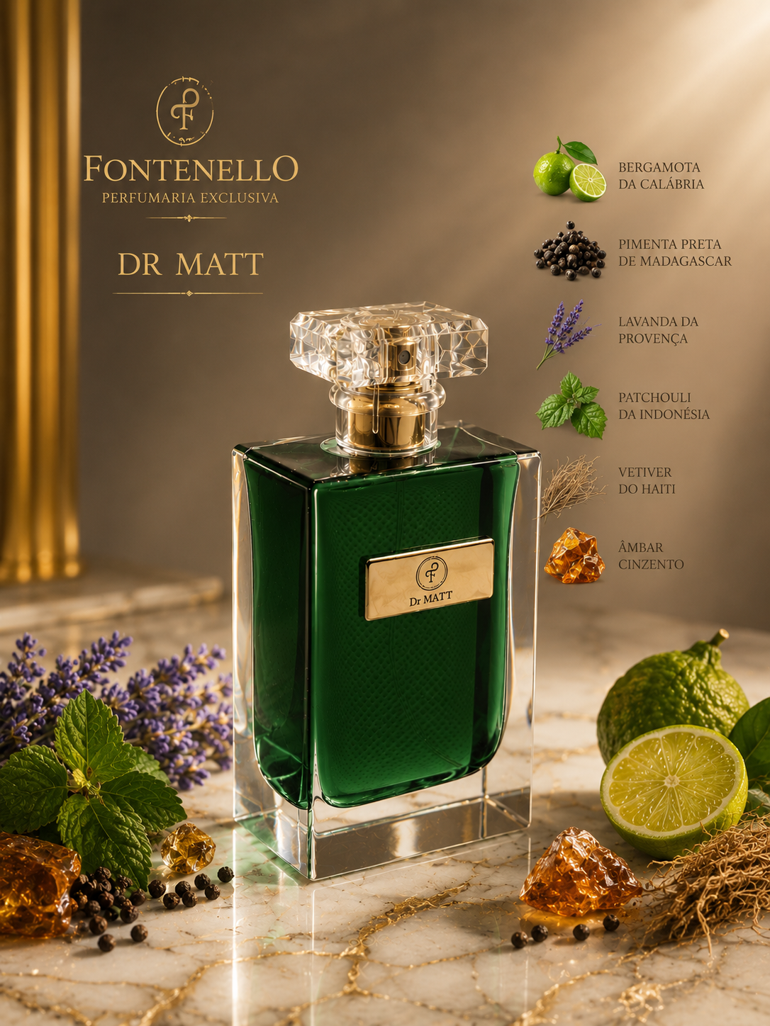 Frasco verde esmeralda do projeto Dr Matt, com plaqueta dourada gravada Fontenello