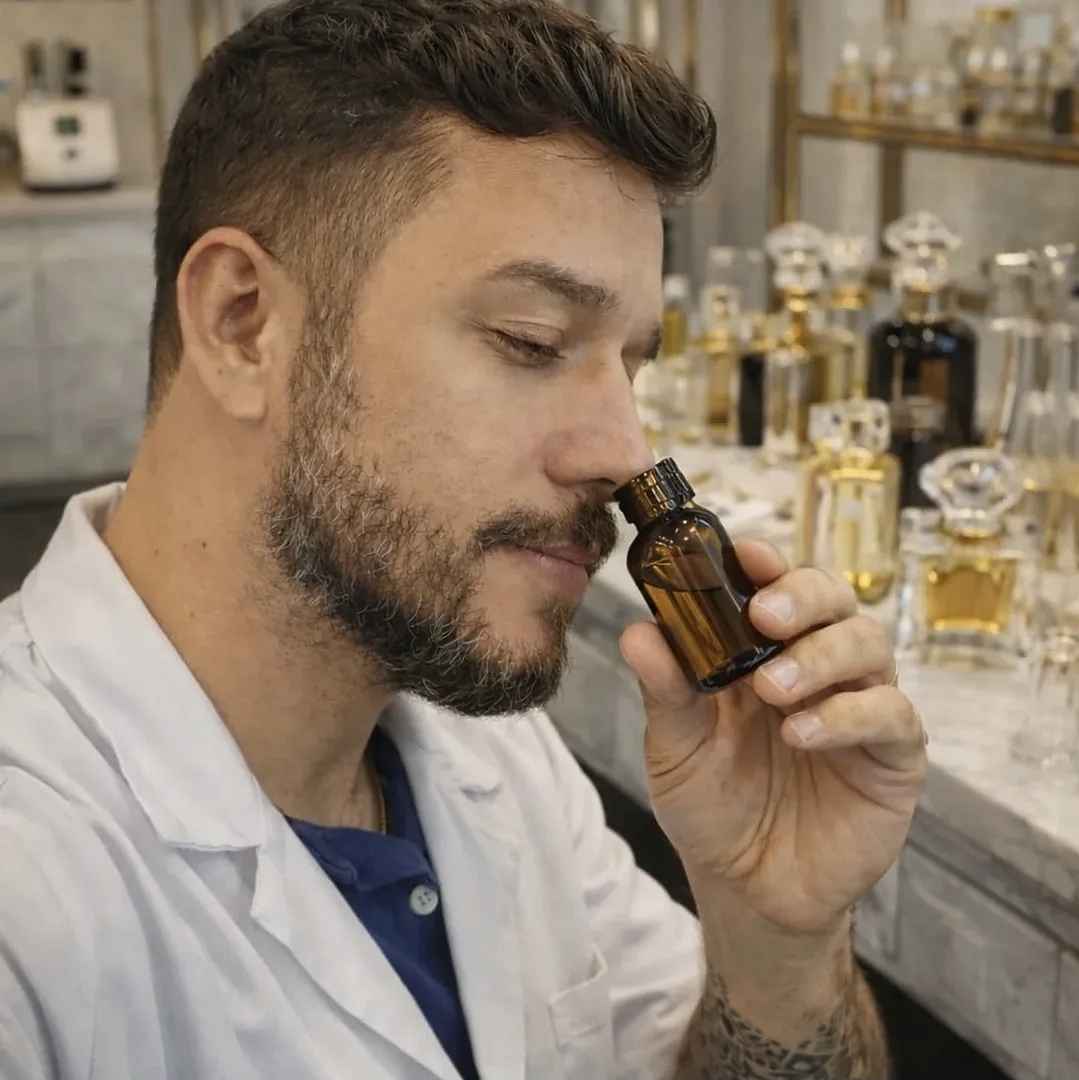 Perfumista da Fontenello no ateliê, avaliando uma composição olfativa